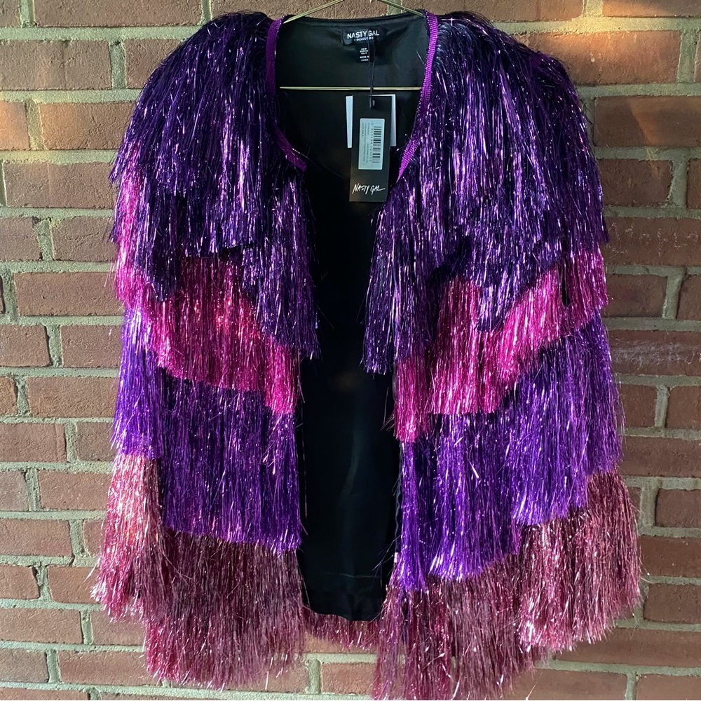 Metallic Tiered Fringe Open Front Tinsel Jacket